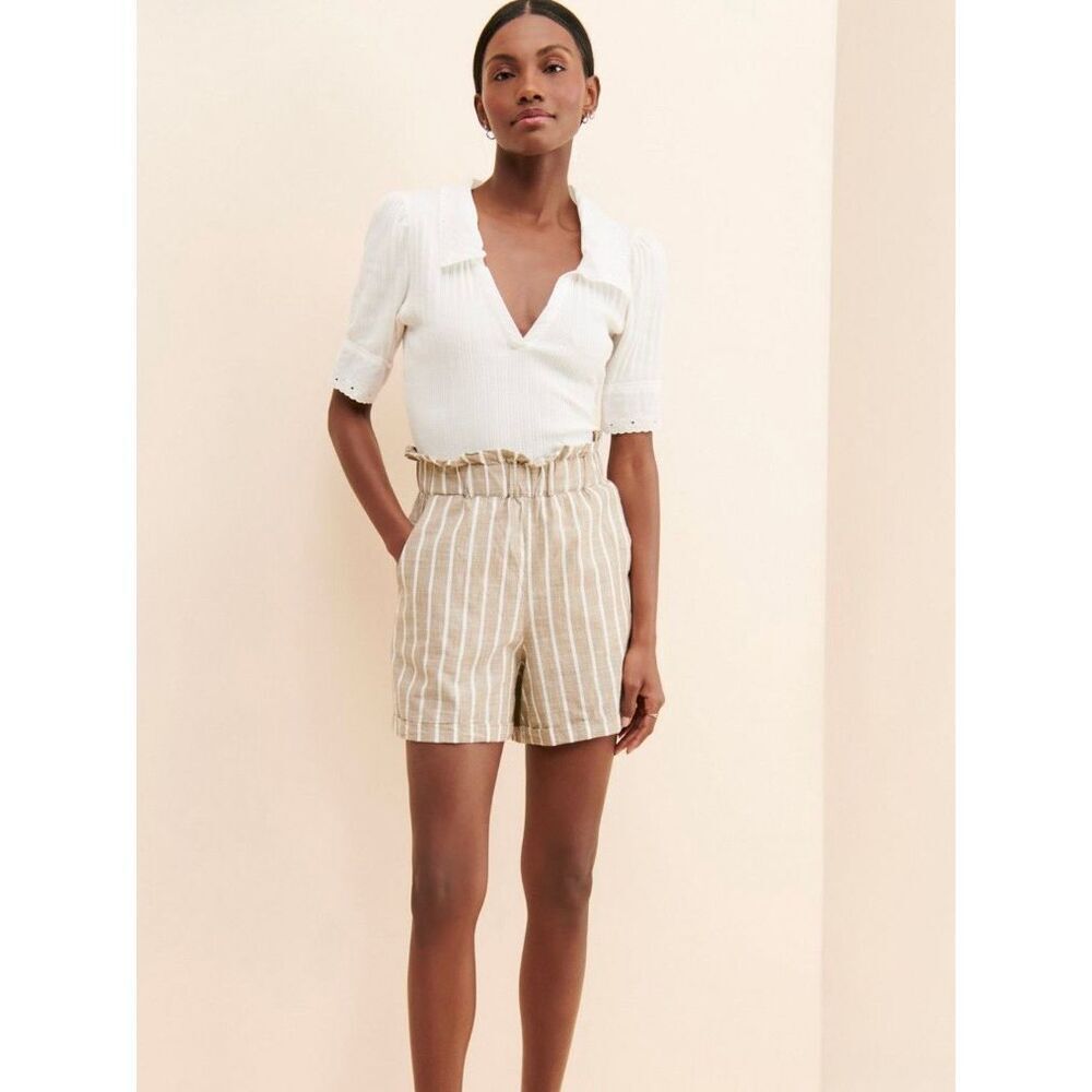 ICHI Sz M Striped Paperbag Shorts Beige White Linen Look Coastal Anthropologie - Picture 2 of 10